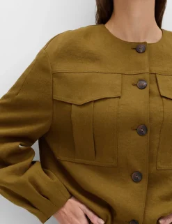 Collarless Utility Jacket With Linen