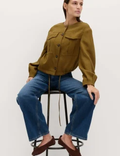 Collarless Utility Jacket With Linen