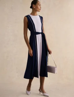 Colour Block Belted Midi Skater Dress