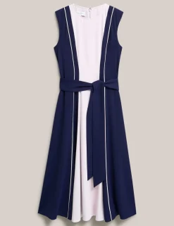 Colour Block Belted Midi Skater Dress