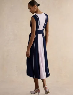 Colour Block Belted Midi Skater Dress