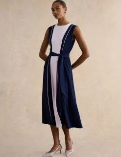 Colour Block Belted Midi Skater Dress