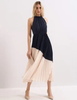 Colour Block High Neck Pleated Midaxi Dress