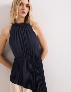 Colour Block High Neck Pleated Midaxi Dress