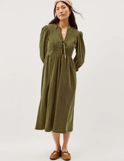Cord Textured Notch Neck Midi Smock Dress