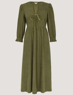 Cord Textured Notch Neck Midi Smock Dress
