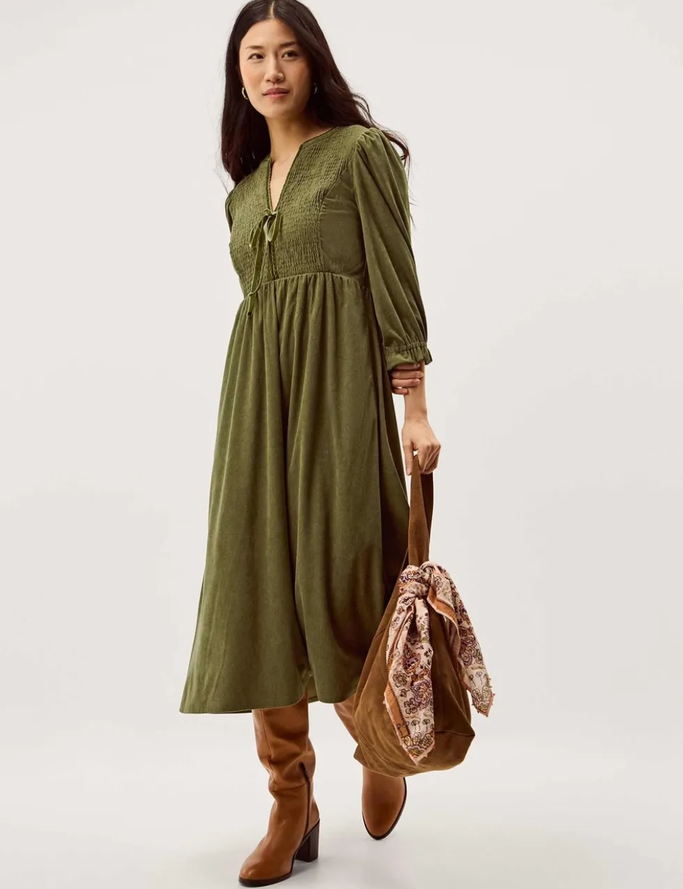 Cord Textured Notch Neck Midi Smock Dress