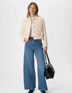 Cotton Blend Boucle Textured Cropped Jacket