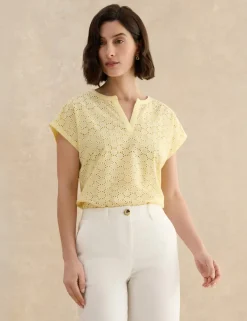 Cotton Blend Broderie Notch Neck Top