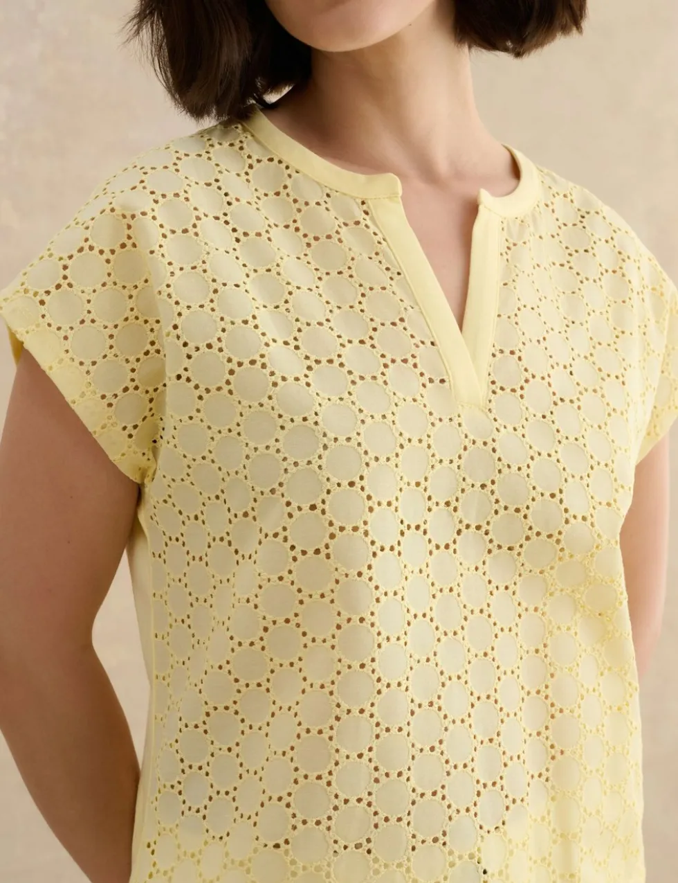 Cotton Blend Broderie Notch Neck Top