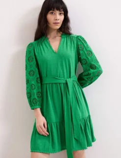 Cotton Blend Broderie V-Neck Mini Dress