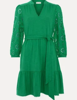 Cotton Blend Broderie V-Neck Mini Dress