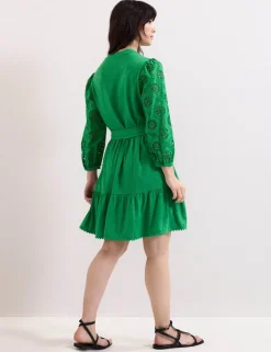 Cotton Blend Broderie V-Neck Mini Dress