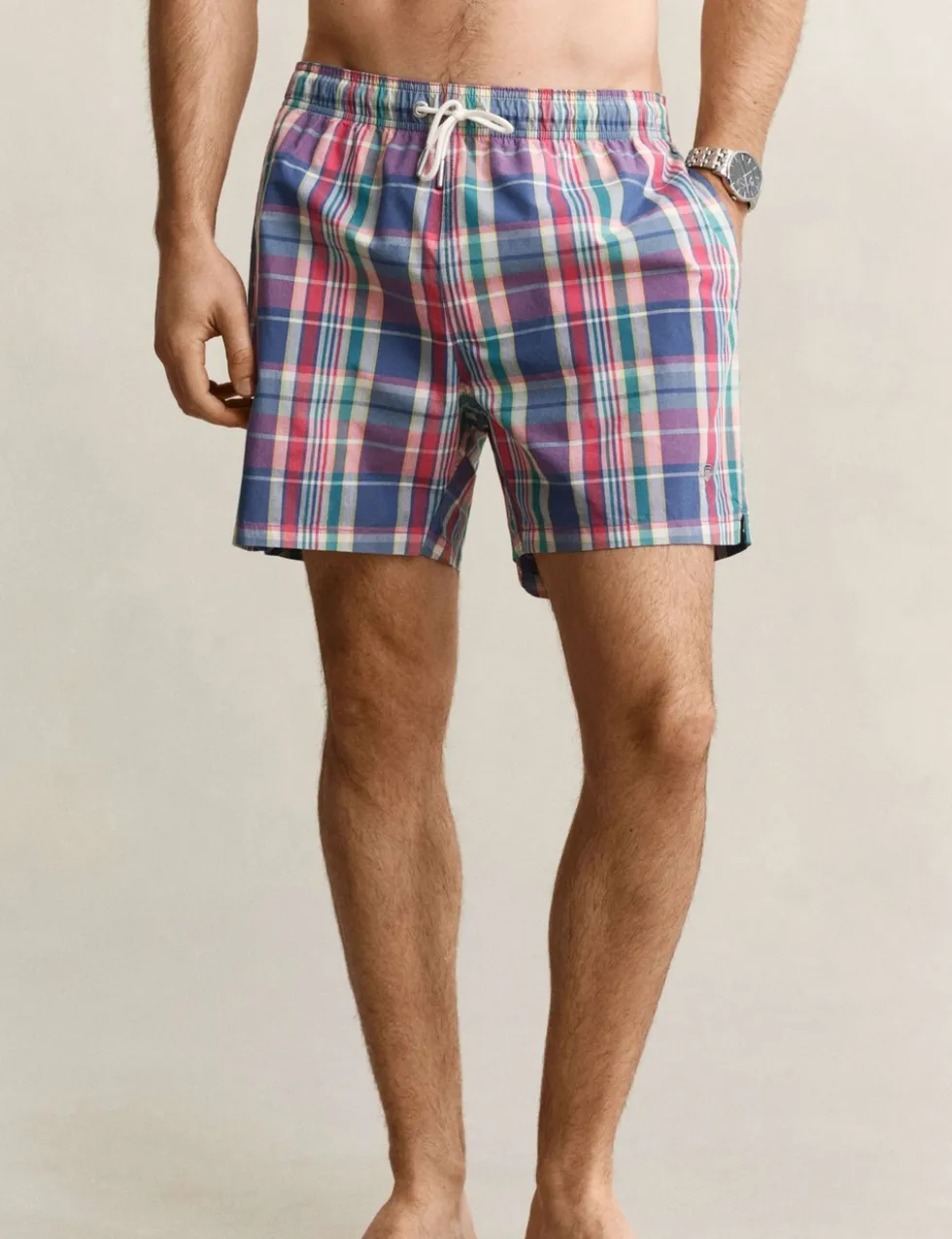 Cotton Blend Check Swim Shorts
