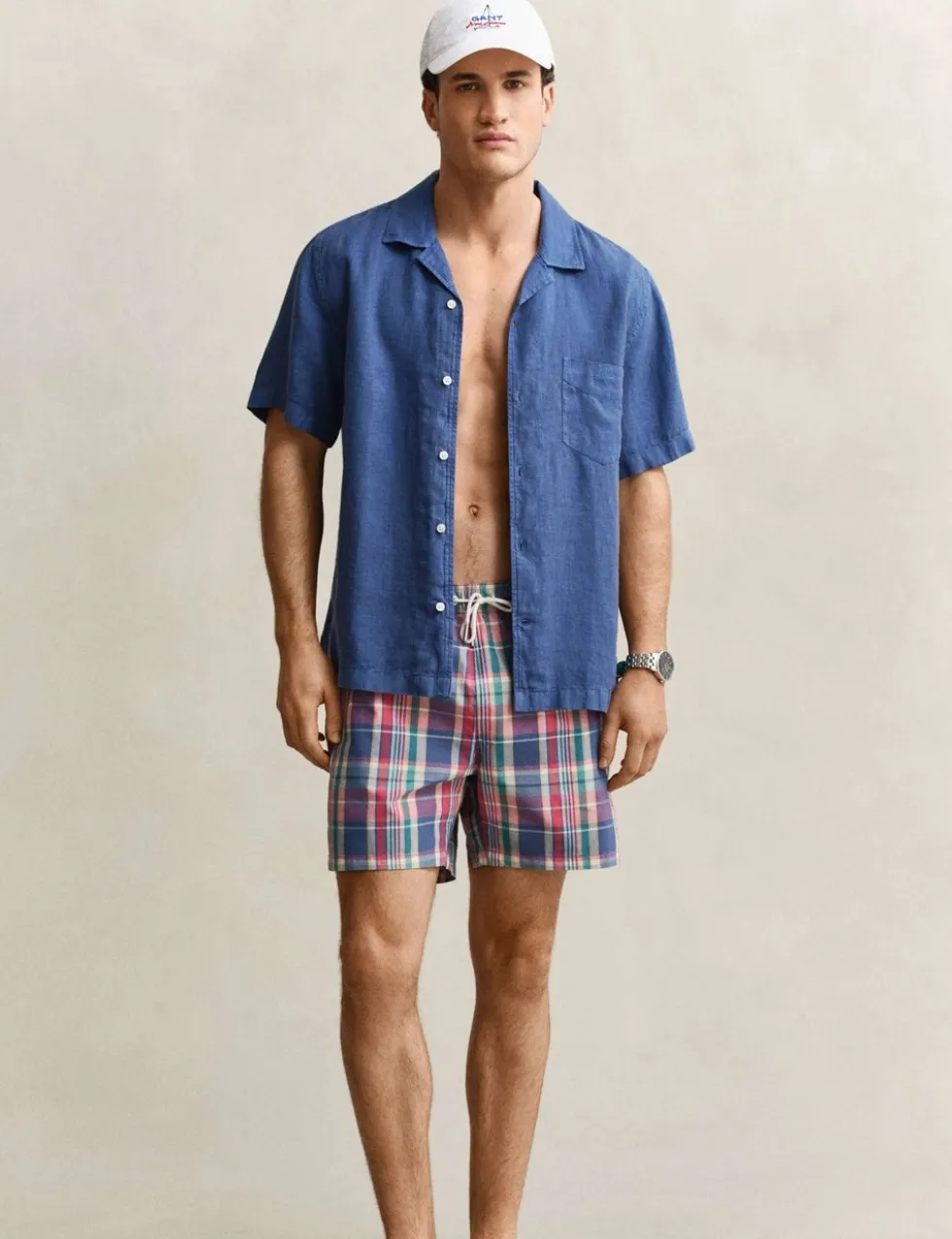 Cotton Blend Check Swim Shorts