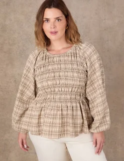 Cotton Blend Checked Shirred Blouse