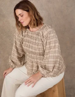Cotton Blend Checked Shirred Blouse