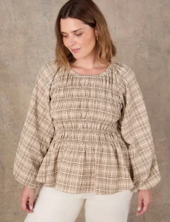 Cotton Blend Checked Shirred Blouse