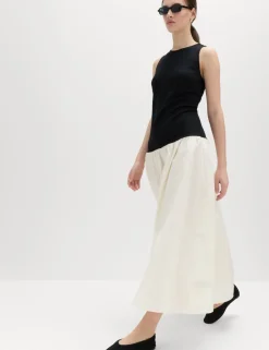 Cotton Blend Contrast Midi Drop Waist Dress