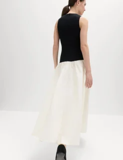 Cotton Blend Contrast Midi Drop Waist Dress