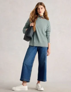 Cotton Blend Crew Neck Split Hem Jumper