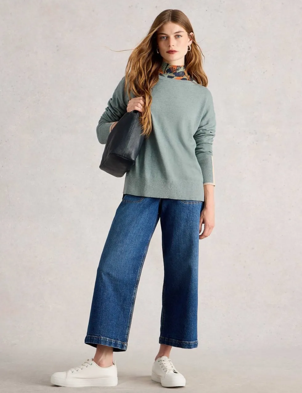 Cotton Blend Crew Neck Split Hem Jumper