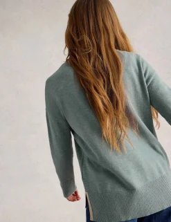 Cotton Blend Crew Neck Split Hem Jumper