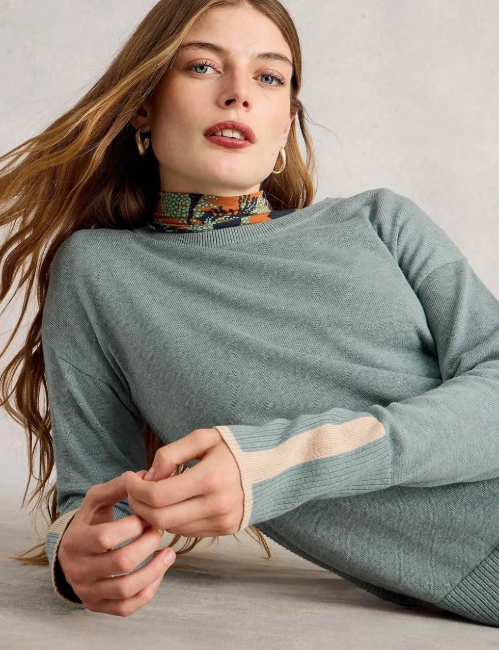 Cotton Blend Crew Neck Split Hem Jumper