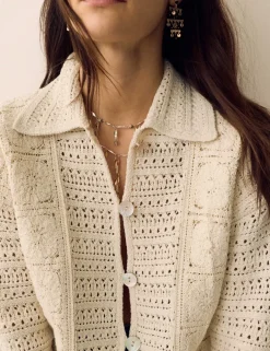 Cotton Blend Crochet Look Collared Cardigan