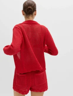 Cotton Blend Crochet-Style Collared Cardigan