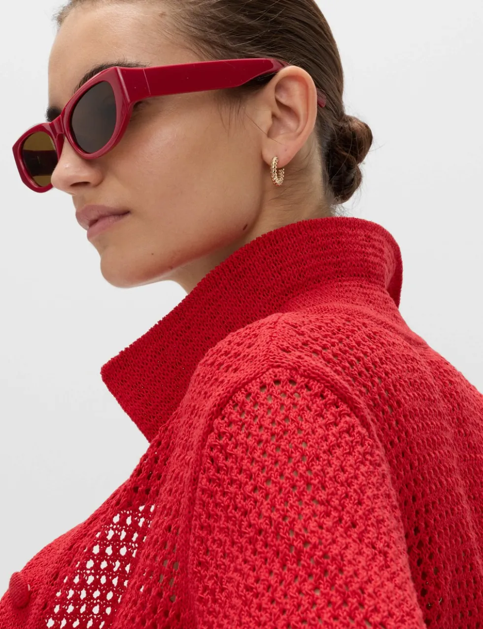 Cotton Blend Crochet-Style Collared Cardigan