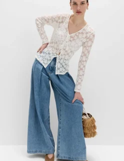 Cotton Blend Floral Lace Tie Front Top