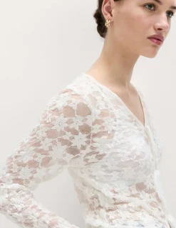 Cotton Blend Floral Lace Tie Front Top