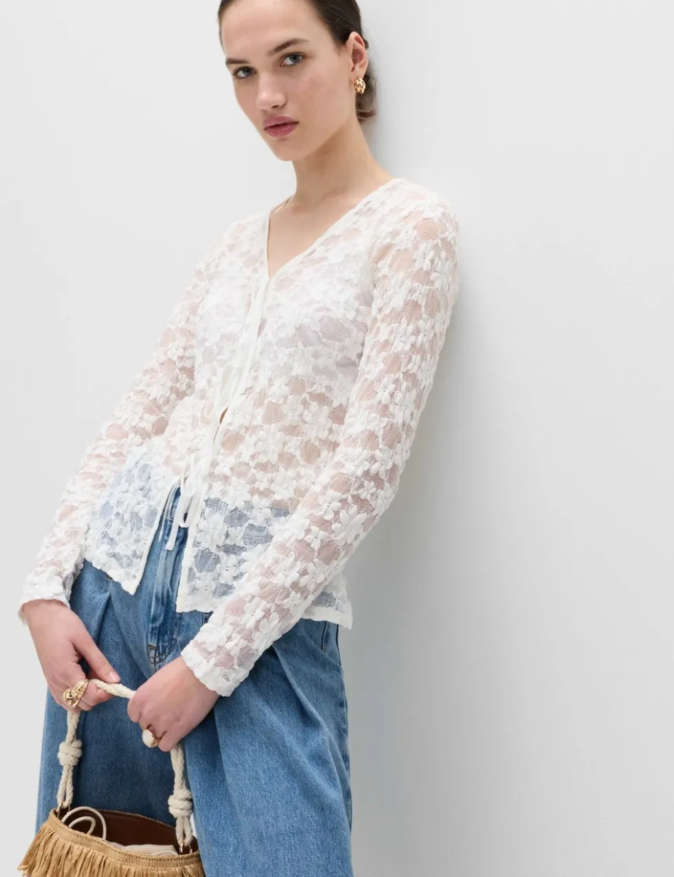 Cotton Blend Floral Lace Tie Front Top