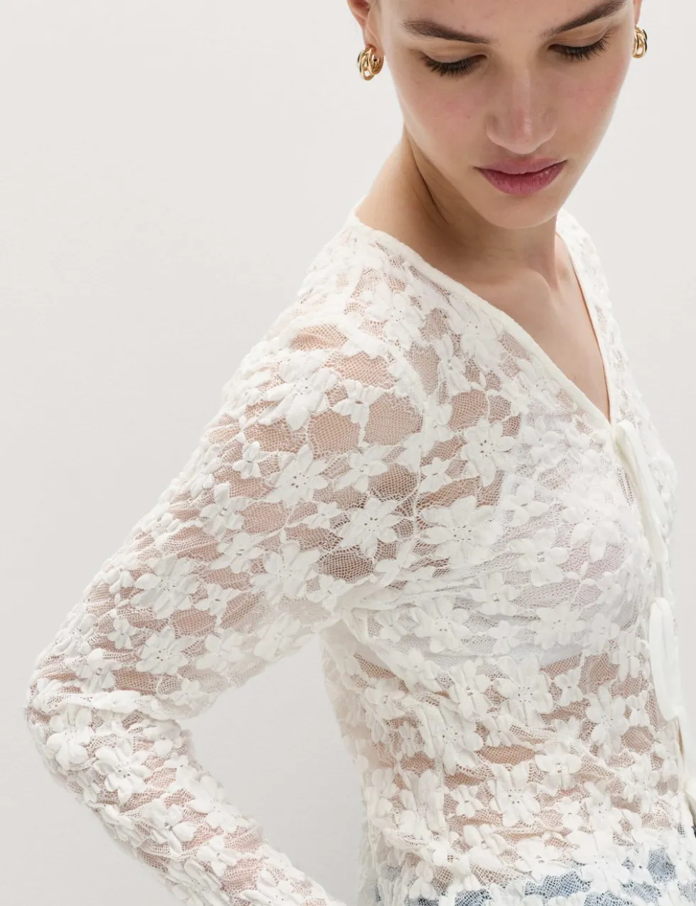 Cotton Blend Floral Lace Tie Front Top
