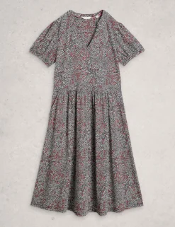 Cotton Blend Floral V-Neck Midi Tea Dress