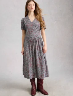 Cotton Blend Floral V-Neck Midi Tea Dress