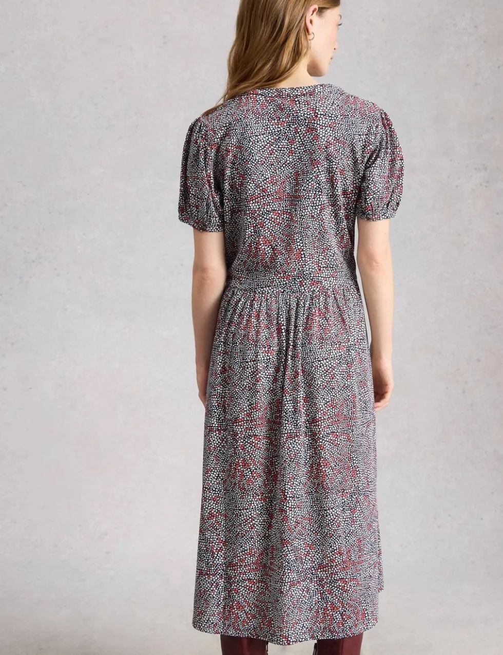 Cotton Blend Floral V-Neck Midi Tea Dress