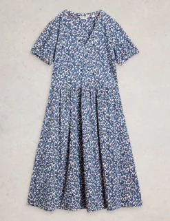 Cotton Blend Floral V-Neck Midi Tea Dress