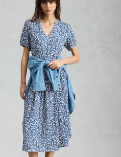 Cotton Blend Floral V-Neck Midi Tea Dress