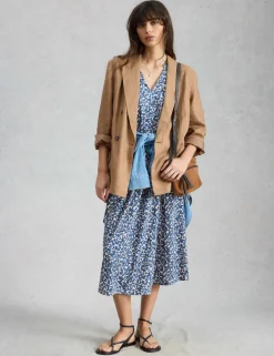 Cotton Blend Floral V-Neck Midi Tea Dress