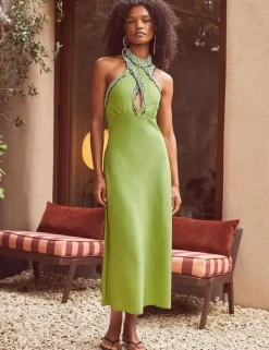 Cotton Blend Fringed Midaxi Column Dress with Linen