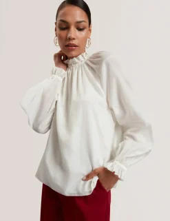 Cotton Blend Gathered Ruffle Blouse