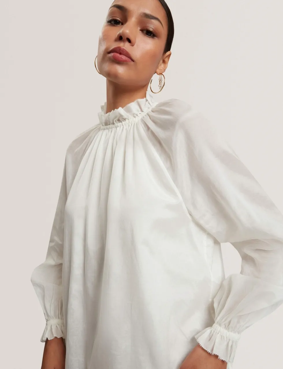 Cotton Blend Gathered Ruffle Blouse