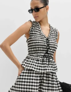 Cotton Blend Gingham Shirred Peplum Top