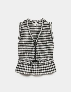Cotton Blend Gingham Shirred Peplum Top