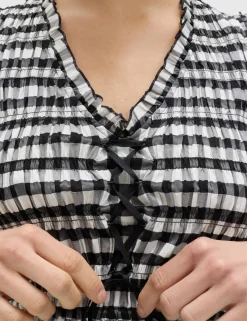 Cotton Blend Gingham Shirred Peplum Top