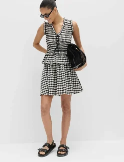 Cotton Blend Gingham Shirred Peplum Top