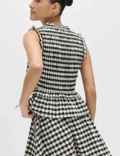Cotton Blend Gingham Shirred Peplum Top