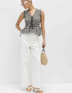 Cotton Blend Gingham Shirred Peplum Top